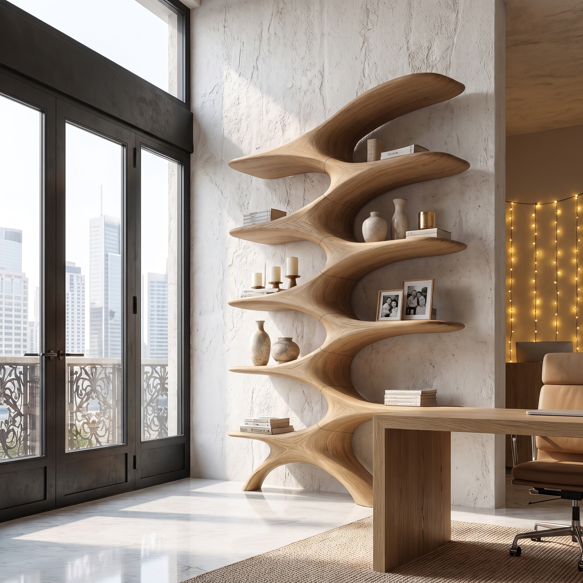 Sculptural Wall Bookcase With Organic Multi Tier Shelves For Living Room