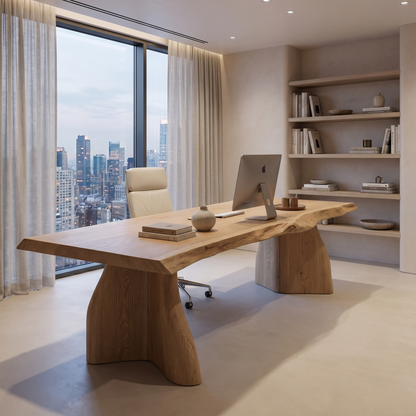 Rustic Live Edge Executive Desk With Sculptural Solid Wood Base For Home Office