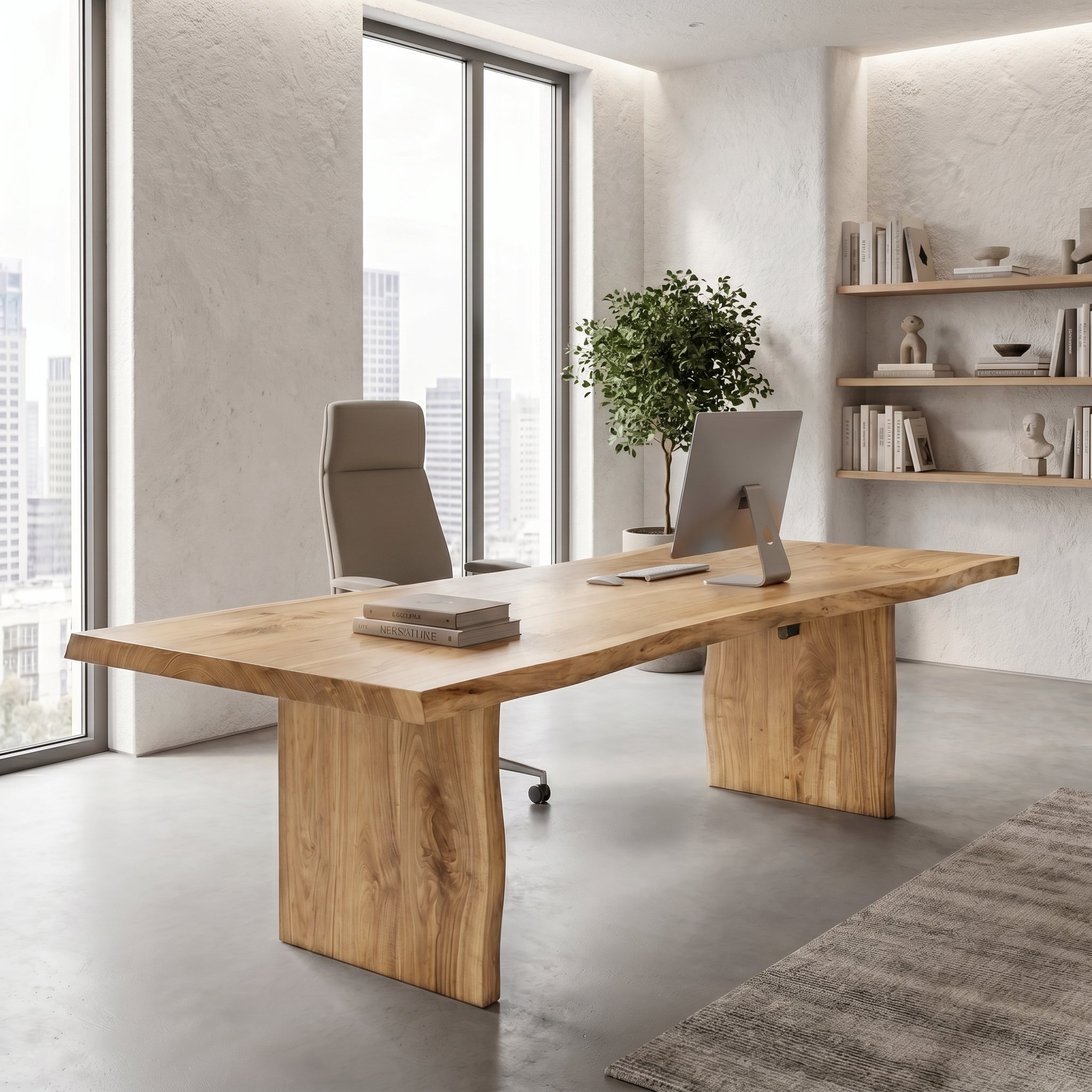 Rustic Live Edge Wooden Desk With Solid Wood Pedestal Base For Home Office