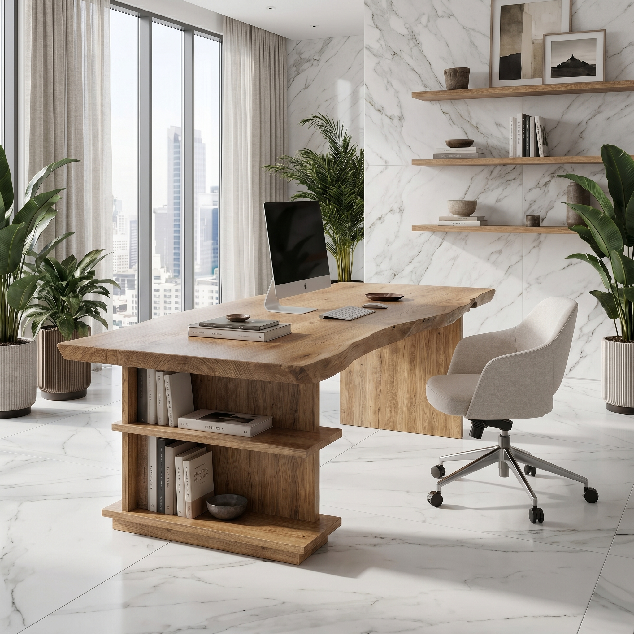 Rustic Executive Desk With Built In Bookshelf And Solid Wood Design For Home Office