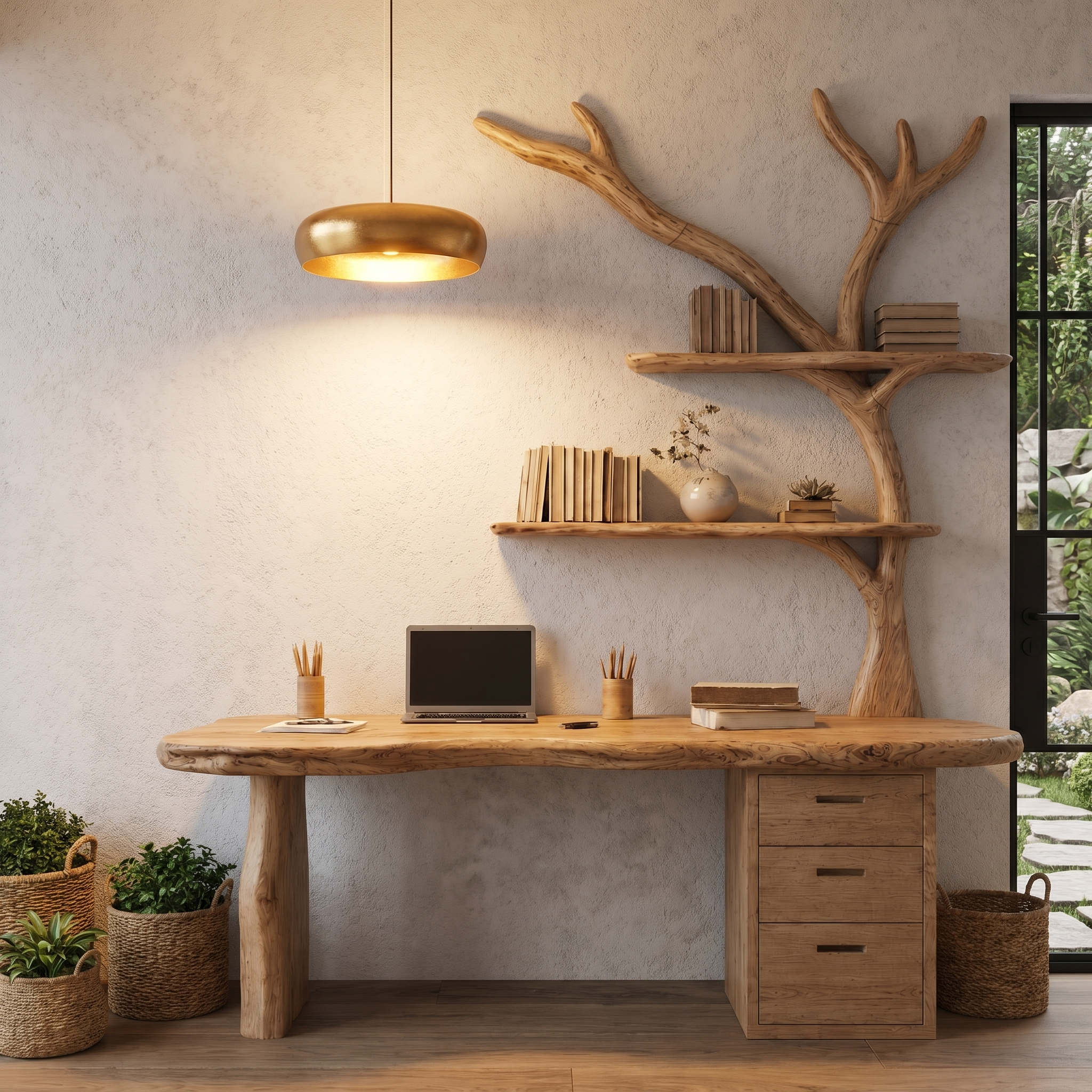 Organic Wooden Desk With Tree Branch Bookshelf And Built In Drawer Storage For Home Office And Workspace