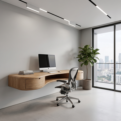 Modern Floating Desk With Built In Drawer Storage And Curved Wood Design For Home Office And Workspace