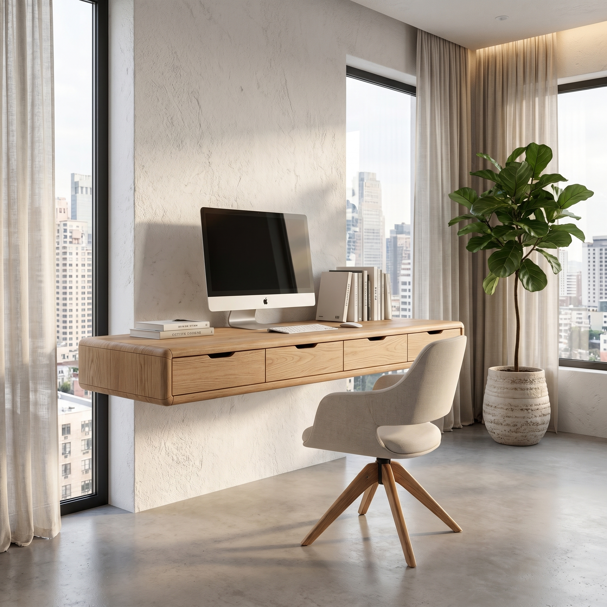 Modern Floating Desk With Built In Drawer Storage And Wall Mounted Shelves For Home Office And Workspace