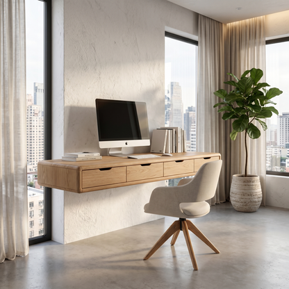 Modern Floating Desk With Built In Drawer Storage And Wall Mounted Shelves For Home Office And Workspace