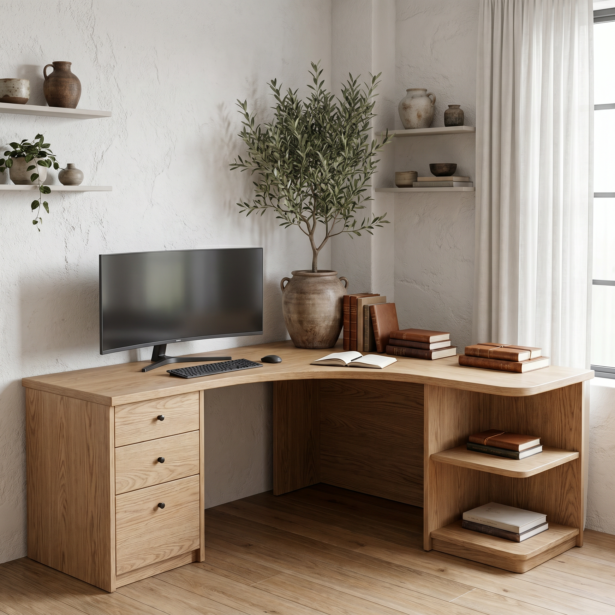 Modern Corner Desk With Built In Drawer Storage And Open Shelves For Home Office And Workspace