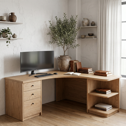 Modern Corner Desk With Built In Drawer Storage And Open Shelves For Home Office And Workspace