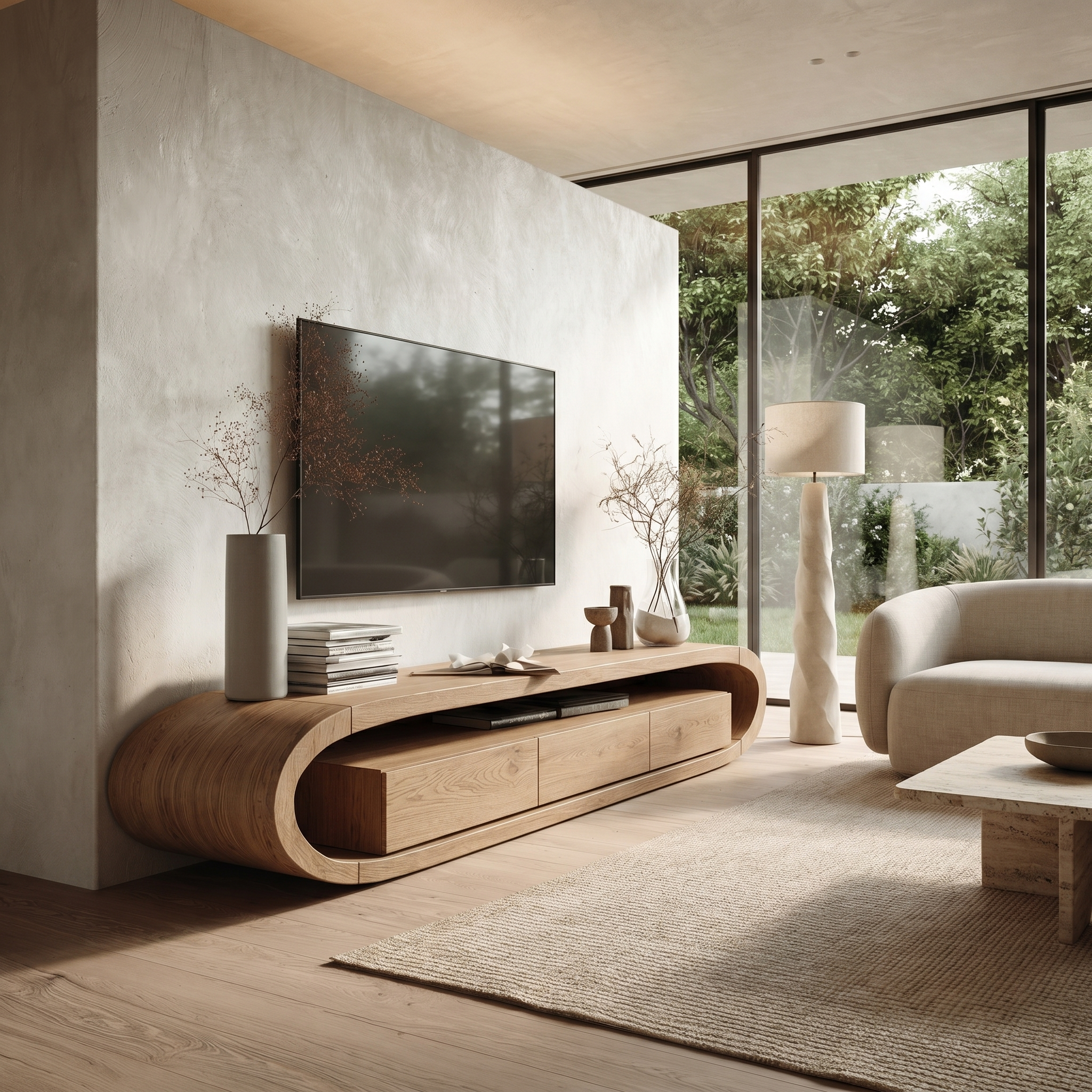 Organic TV Cabinet With Curved Solid Wood Design And Built In Drawer Storage For Living Room