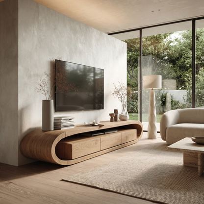 Organic TV Cabinet With Curved Solid Wood Design And Built In Drawer Storage For Living Room