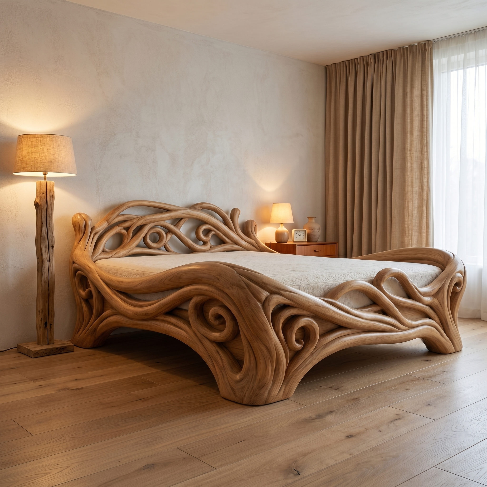 Organic Sculptural Bed Frame With Flowing Root Inspired Wood Design For Bedroom