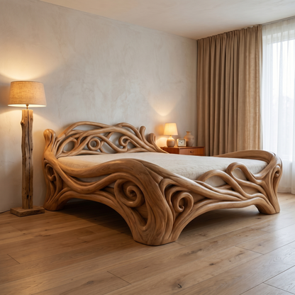 Organic Sculptural Bed Frame With Flowing Root Inspired Wood Design For Bedroom