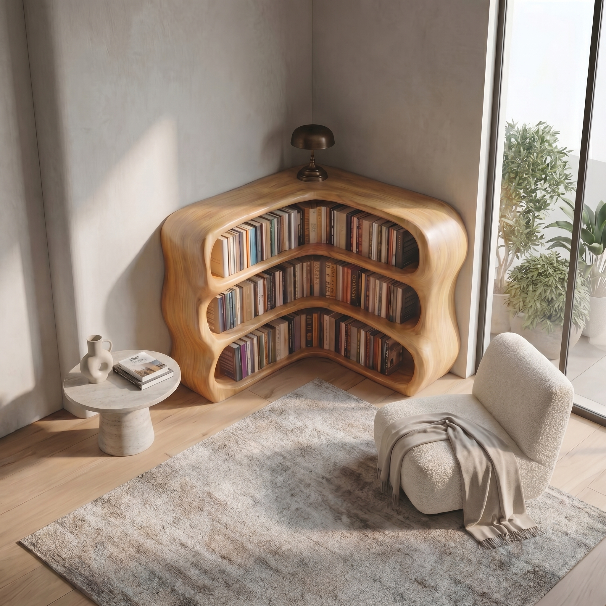 Modern Curved Bookshelf With Sculptural Open Shelves For Living Room And Bedroom