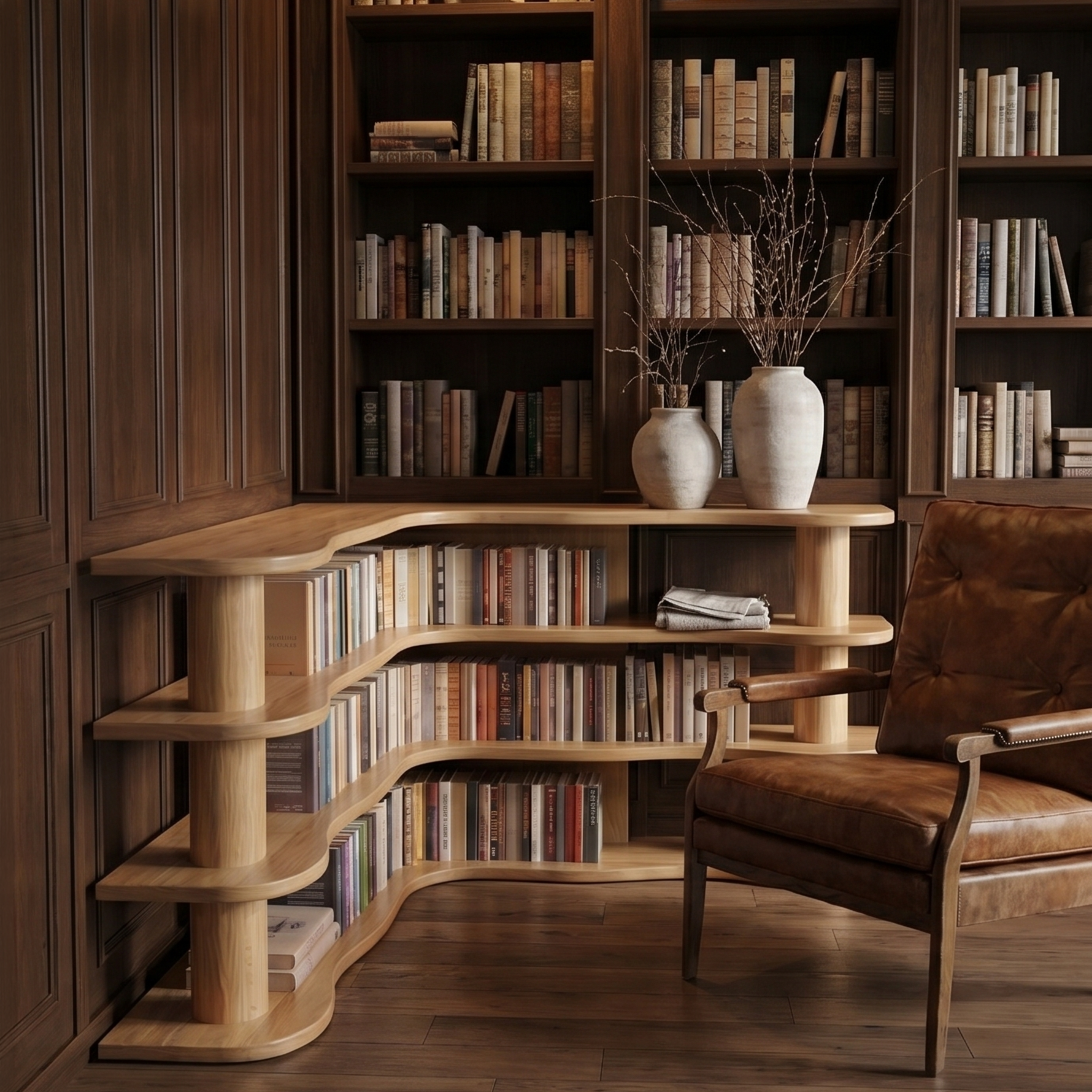 Scandinavian Corner Bookshelf With Rounded Multi Tier Wooden Shelves For Living Room And Bedroom