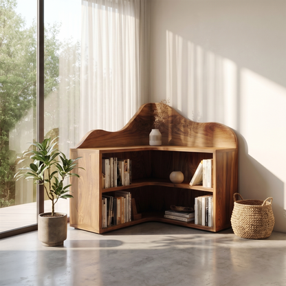 Organic Corner Bookshelf With Sculptural Curved Shelves And Open Storage For Living Room And Bedroom