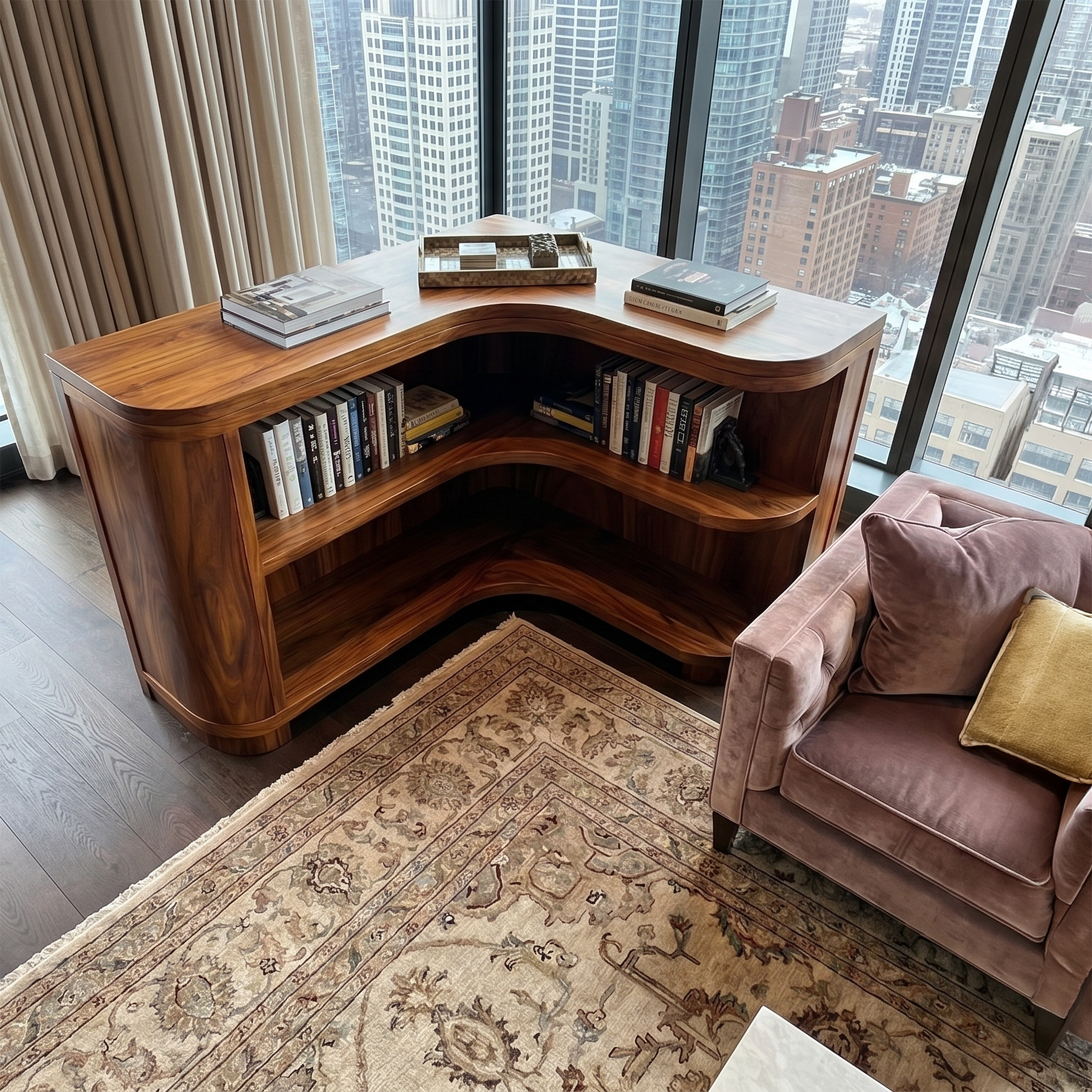 Modern Organic Corner Bookshelf With Solid Wood Open Shelves And Curved Design For Living Room And Bedroom