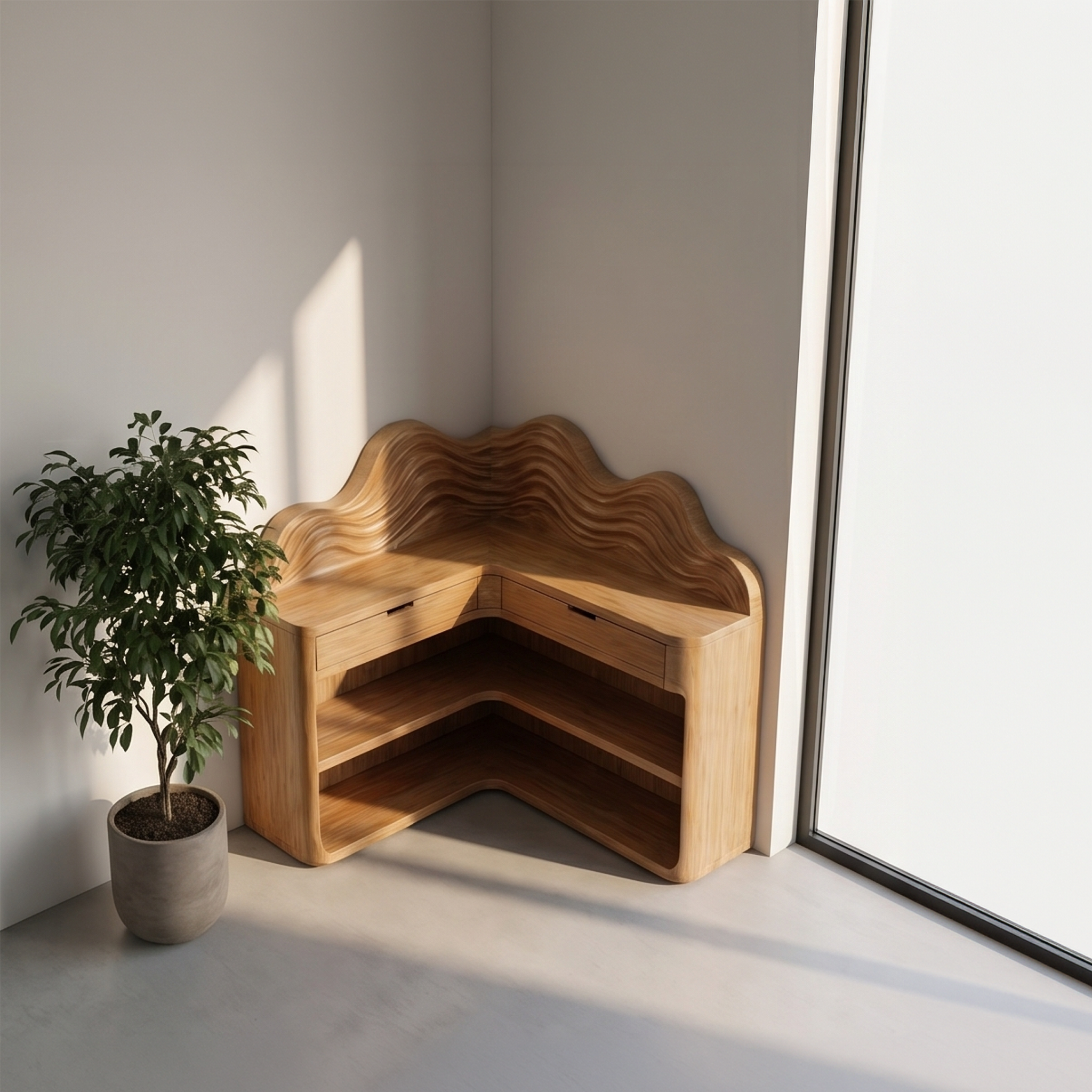 Scandinavian Wave Top Corner Bookshelf With Multi Tier Open Shelves For Living Room And Bedroom
