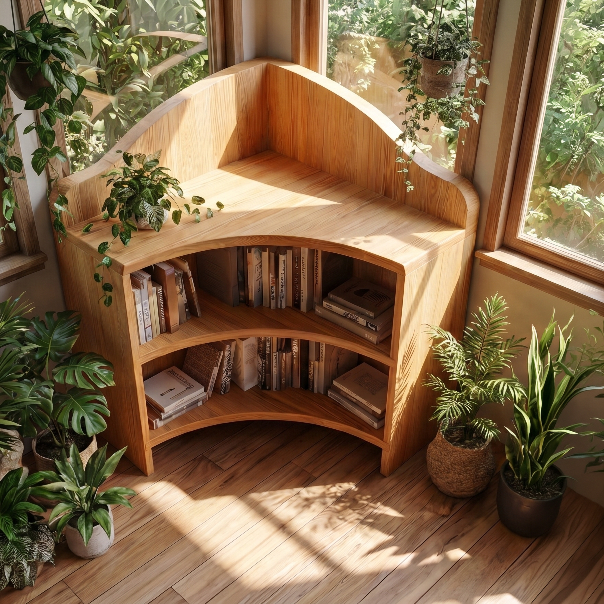 Minimal Corner Bookshelf With Clean Wooden Structure For Living Room