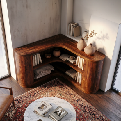 Scandinavian Corner Bookshelf With Simple Wooden Structure For Living Room
