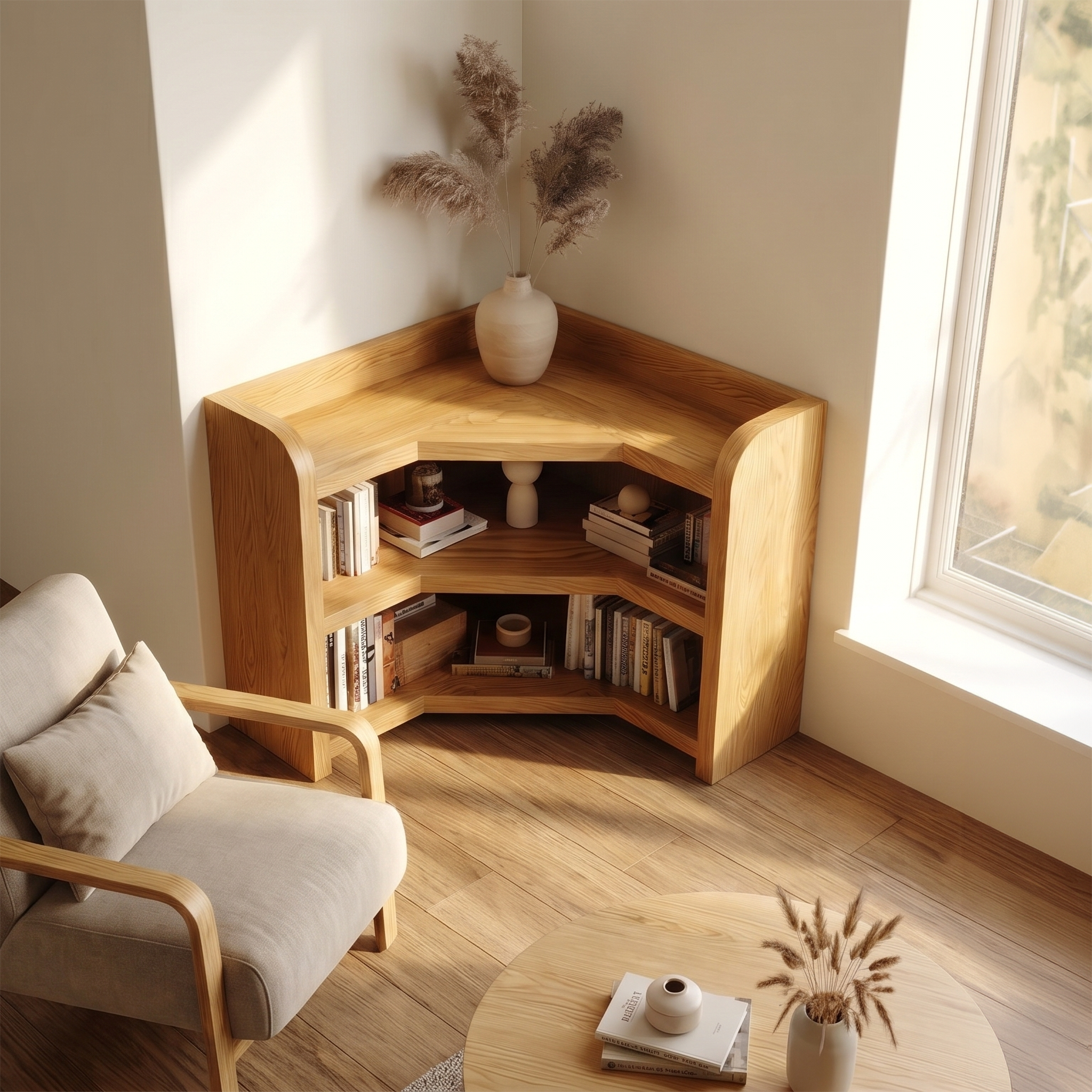 Natural Wooden Bookshelf With Rounded Edges And Open Shelves For Living Room And Bedroom