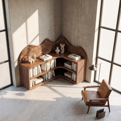 Contemporary Corner Bookcase With Sculptural Wooden Shelves For Living Room