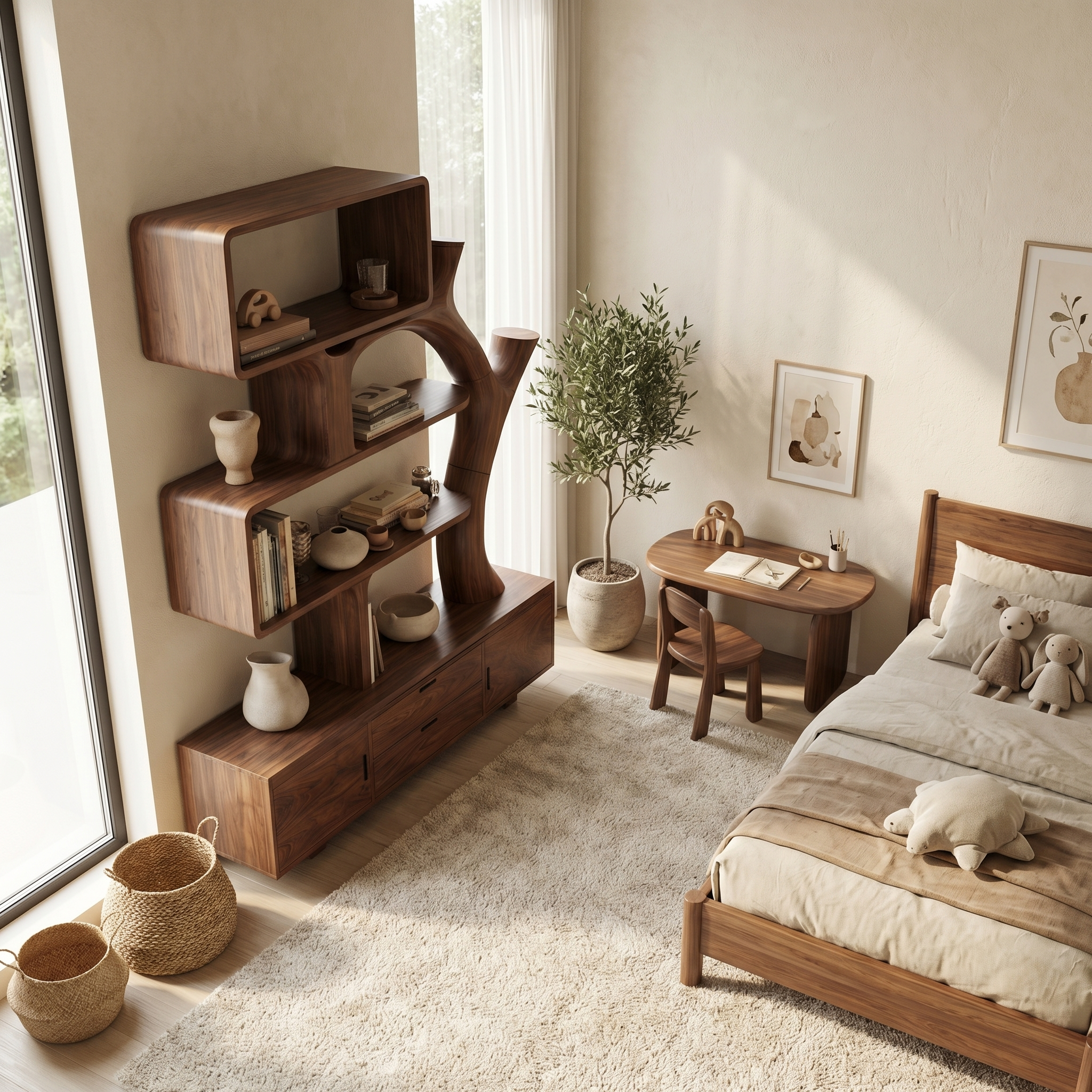 Sculptural Wood Display Shelf With Storage For Living Room
