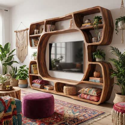 Organic Entertainment Center With Sculptural Surround Shelves For Living Room
