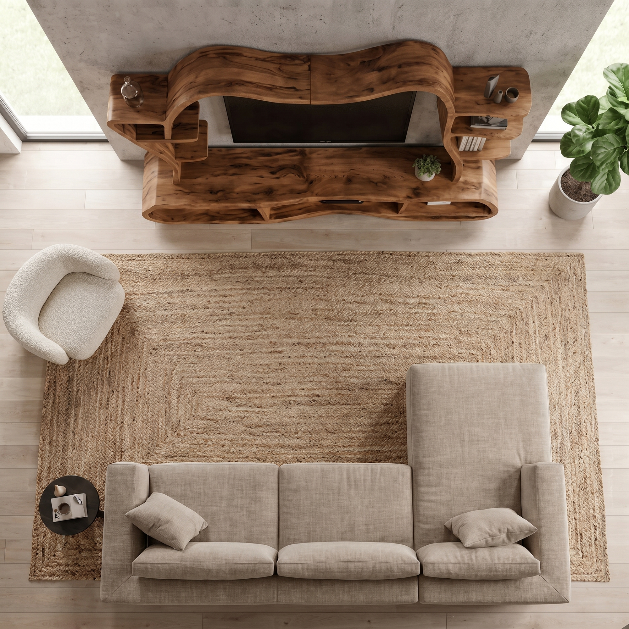 Modern Entertainment Center With Sculptural Curved Shelving For Living Room