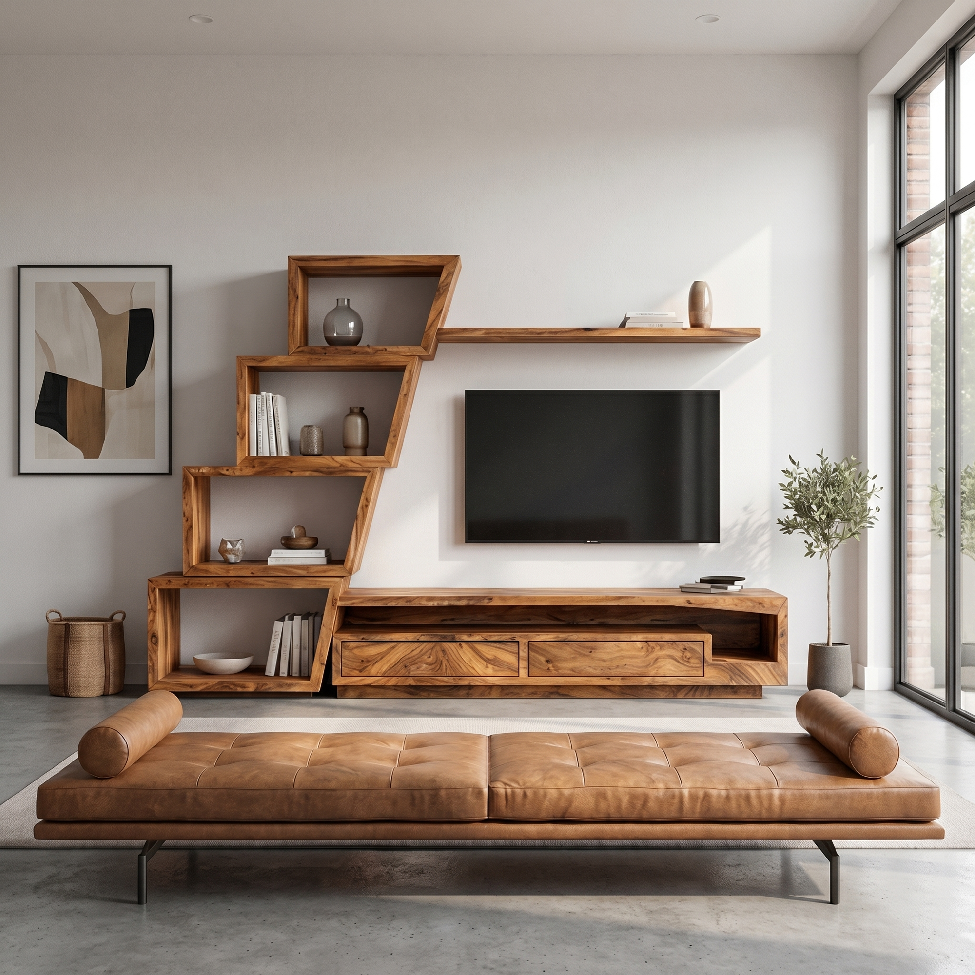 Organic TV Cabinet With Artistic Open Shelving System For Living Room