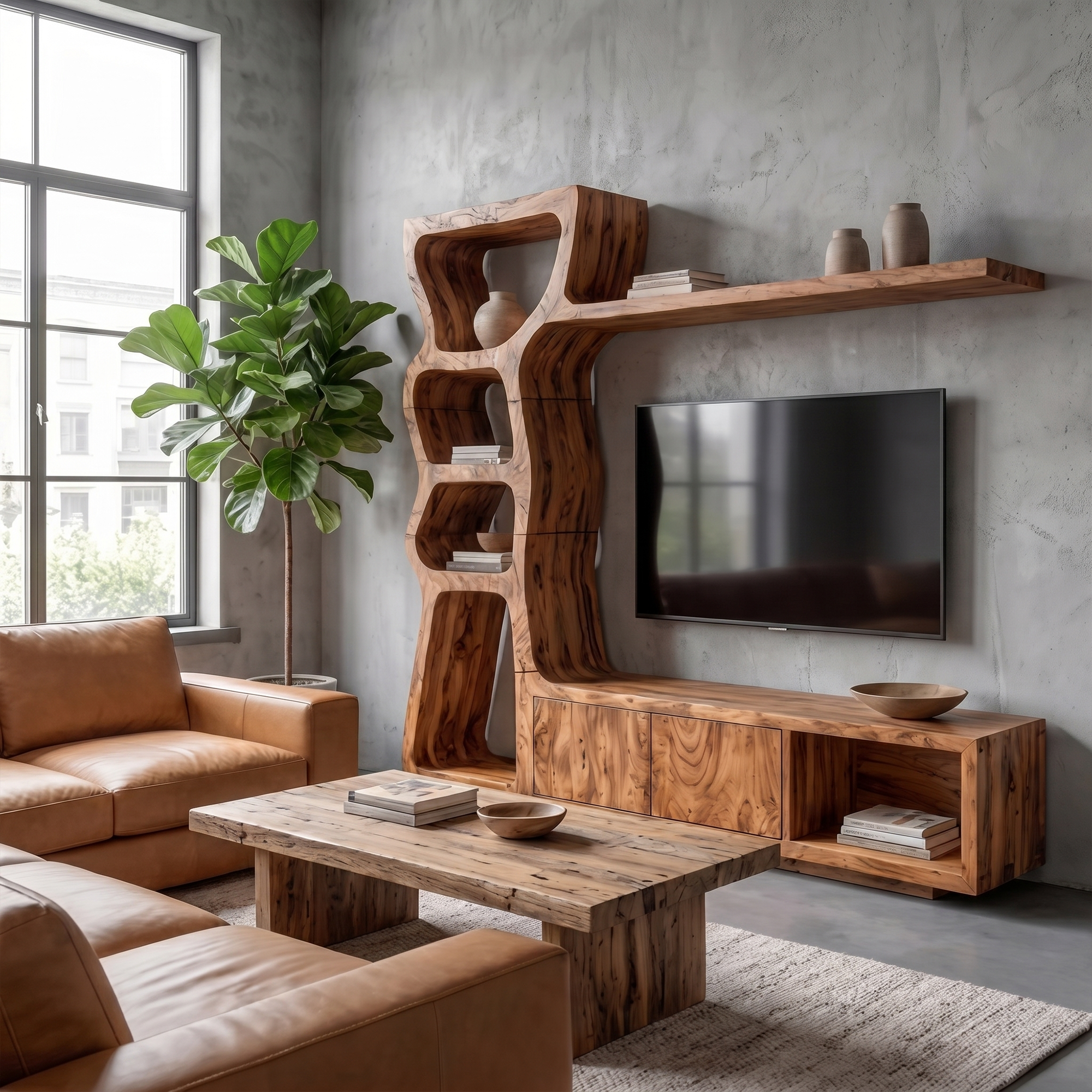 Modern TV Cabinet With Curved Built In Display Shelves For Living Room