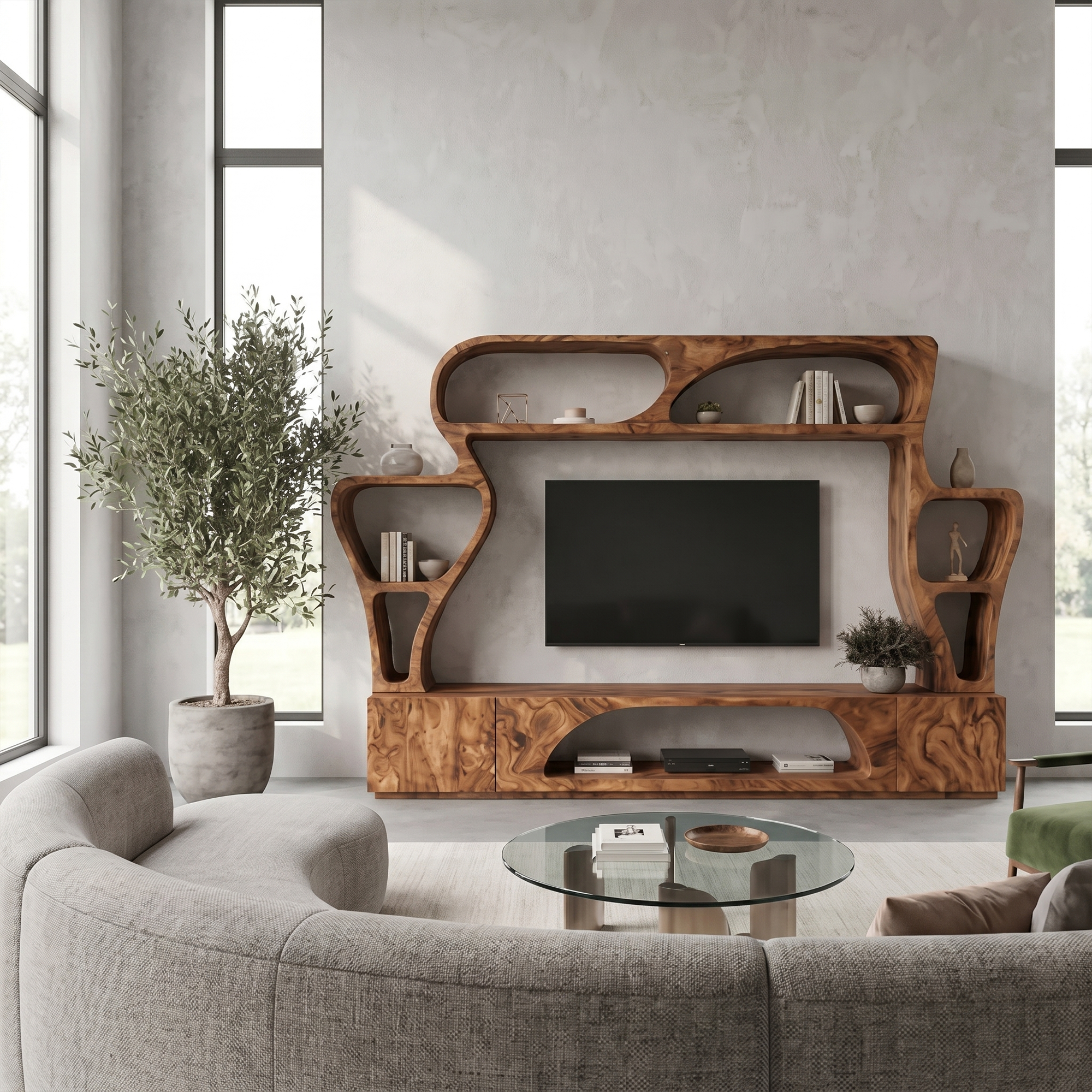 Statement TV Console With Sculptural Wall Storage System For Living Room
