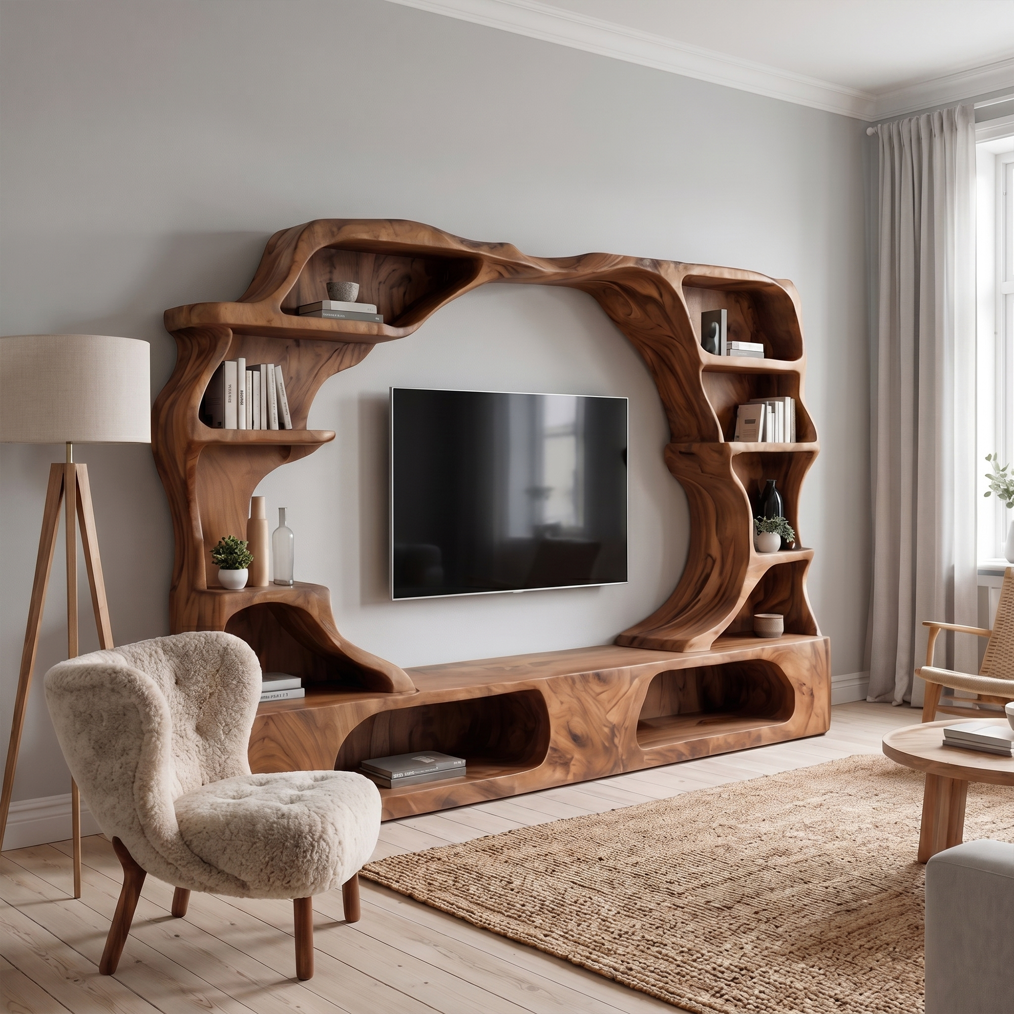 Nature Inspired Entertainment Center With Organic Display Shelves For Living Room