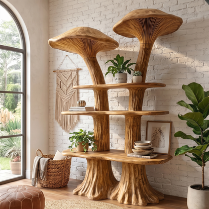 Rustic Mushroom Bookshelf With Handcrafted Solid Wood Shelves For Living Room