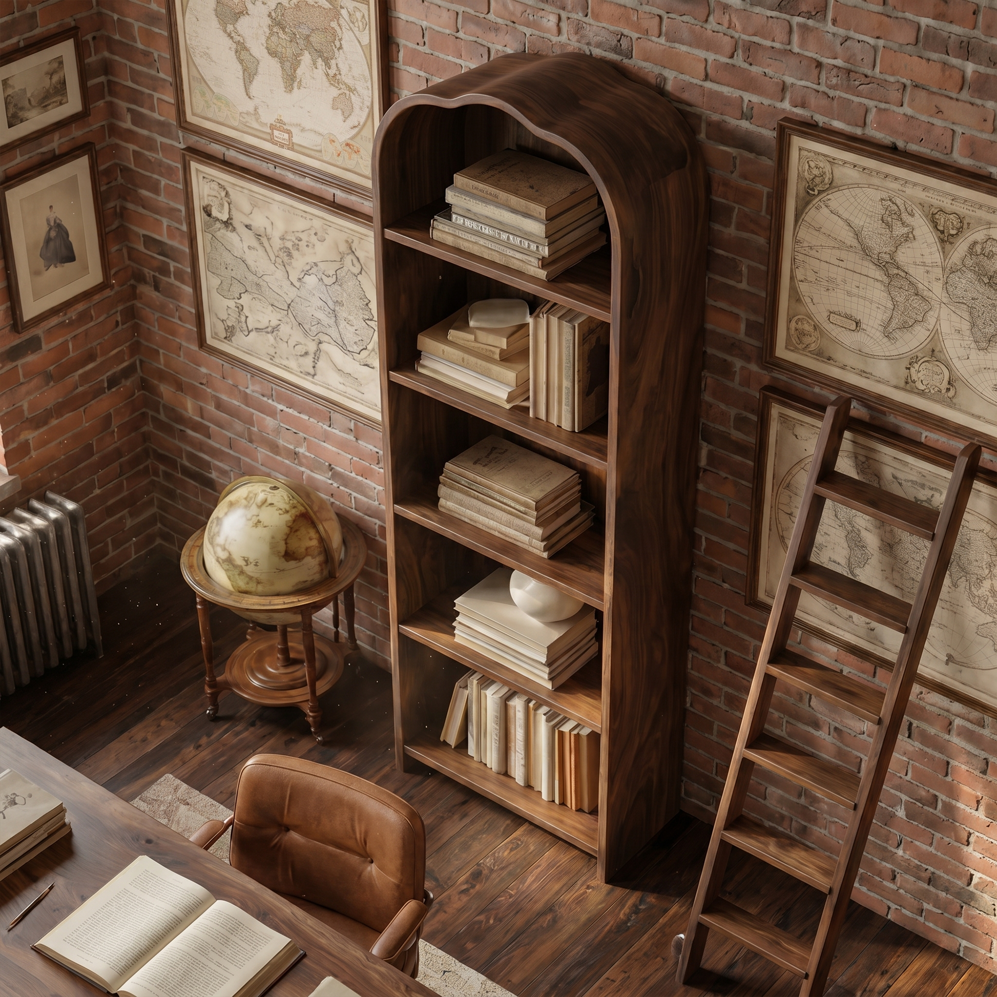 Rustic Arched Bookshelf With Solid Wood Frame And Open Display Shelves For Living Room