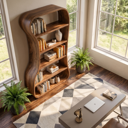 Organic Bookshelf With Sculptural Curved Solid Wood Shelves For Living Room