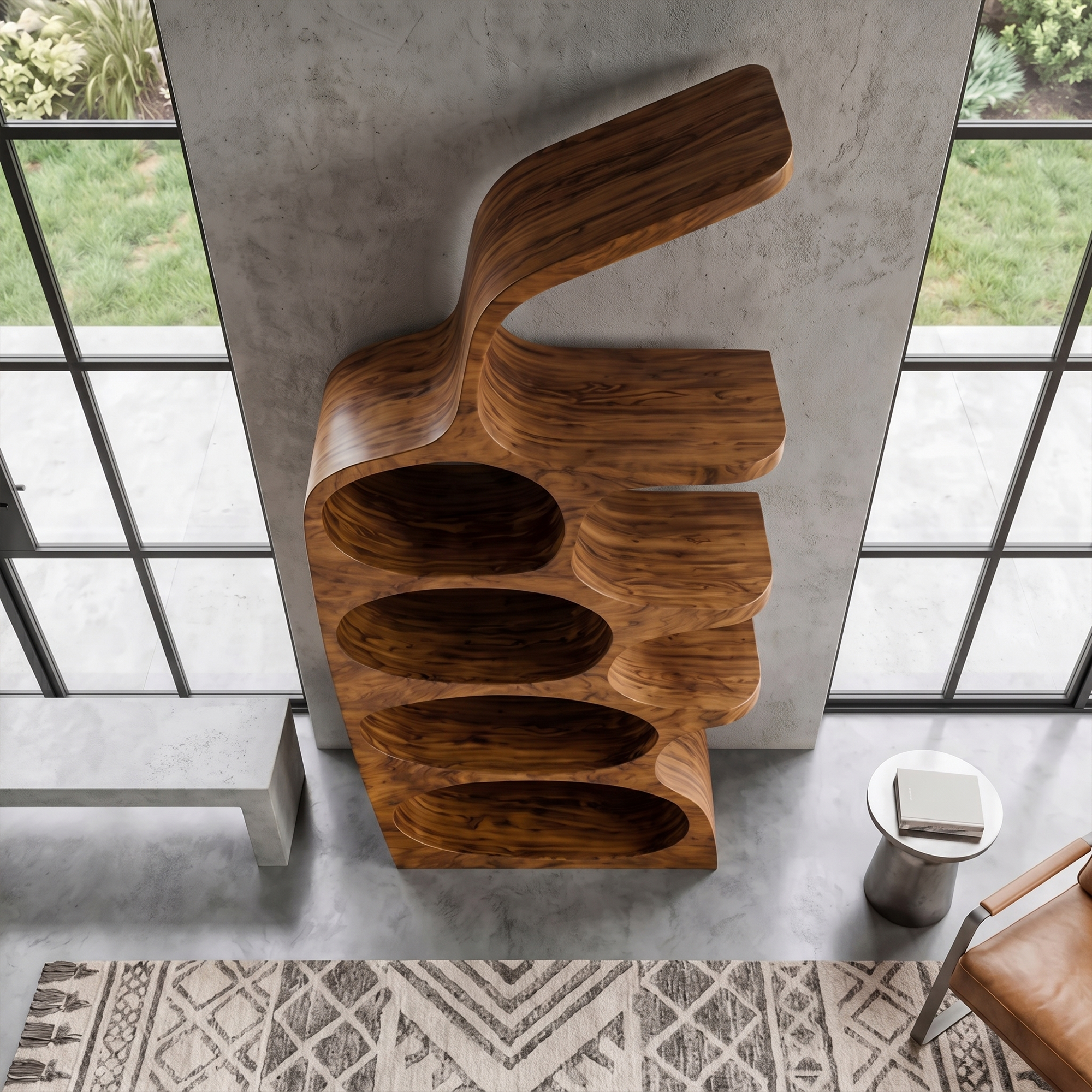 Modern Sculptural Bookshelf With Curved Open Shelves And Solid Wood Design For Living Room