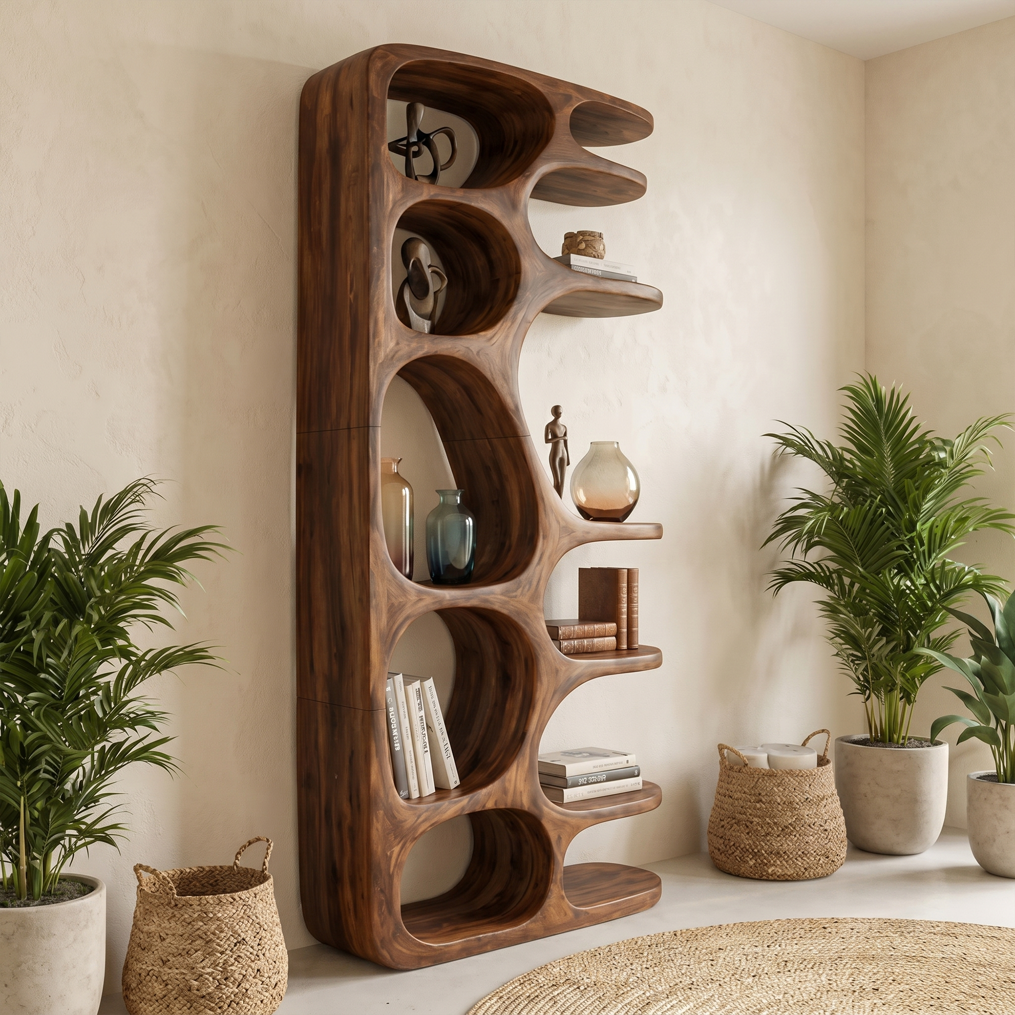 Minimalist Sculptural Bookshelf With Solid Wood Construction For Living Room