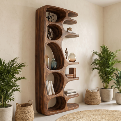 Minimalist Sculptural Bookshelf With Solid Wood Construction For Living Room