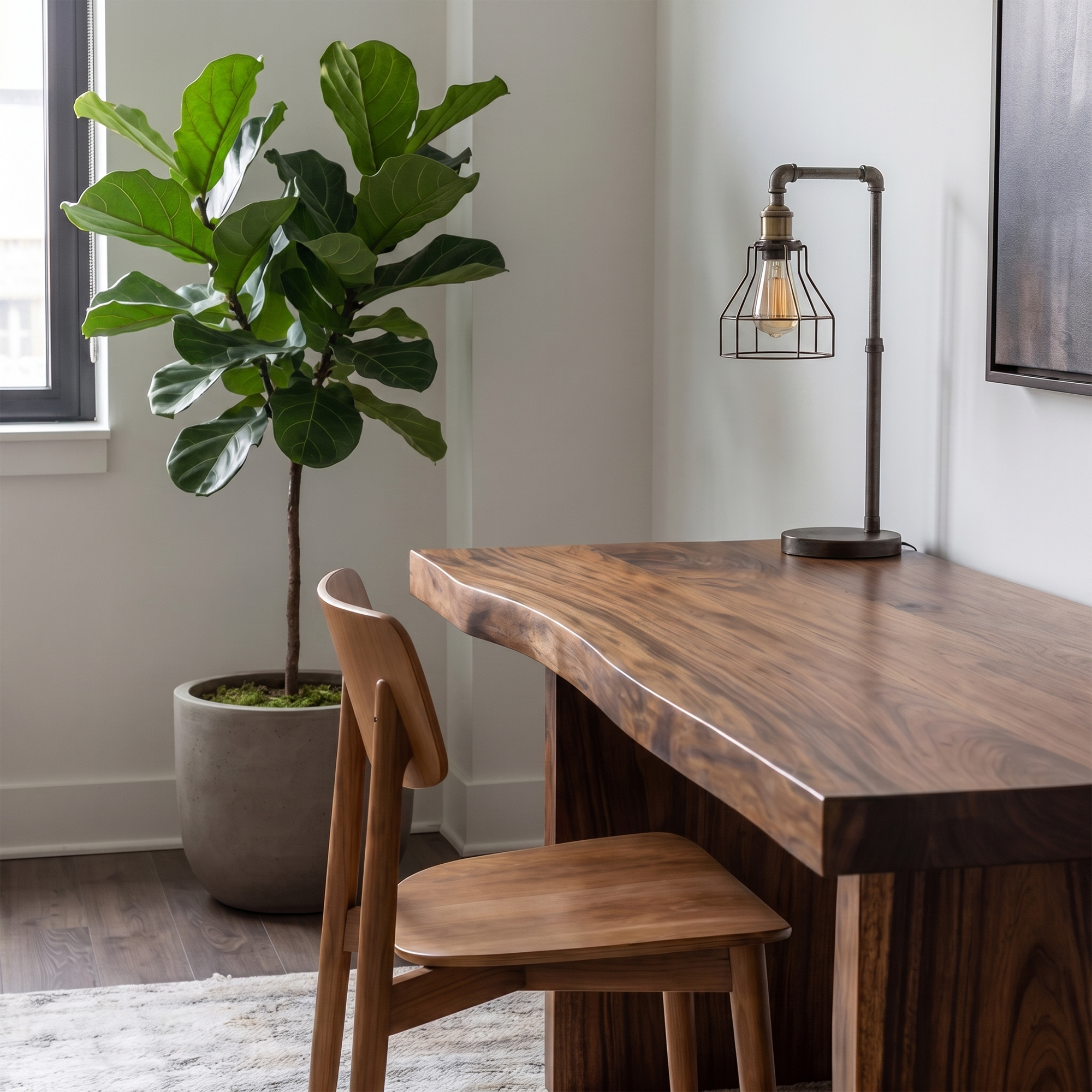 Rustic Desk With Live Edge Top And Sculptural Tree Stump Base For Home Office