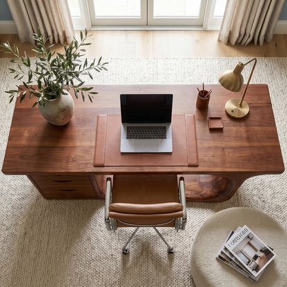 Rustic Executive Desk With Sculptural Solid Wood Base And Integrated Storage For Home Office