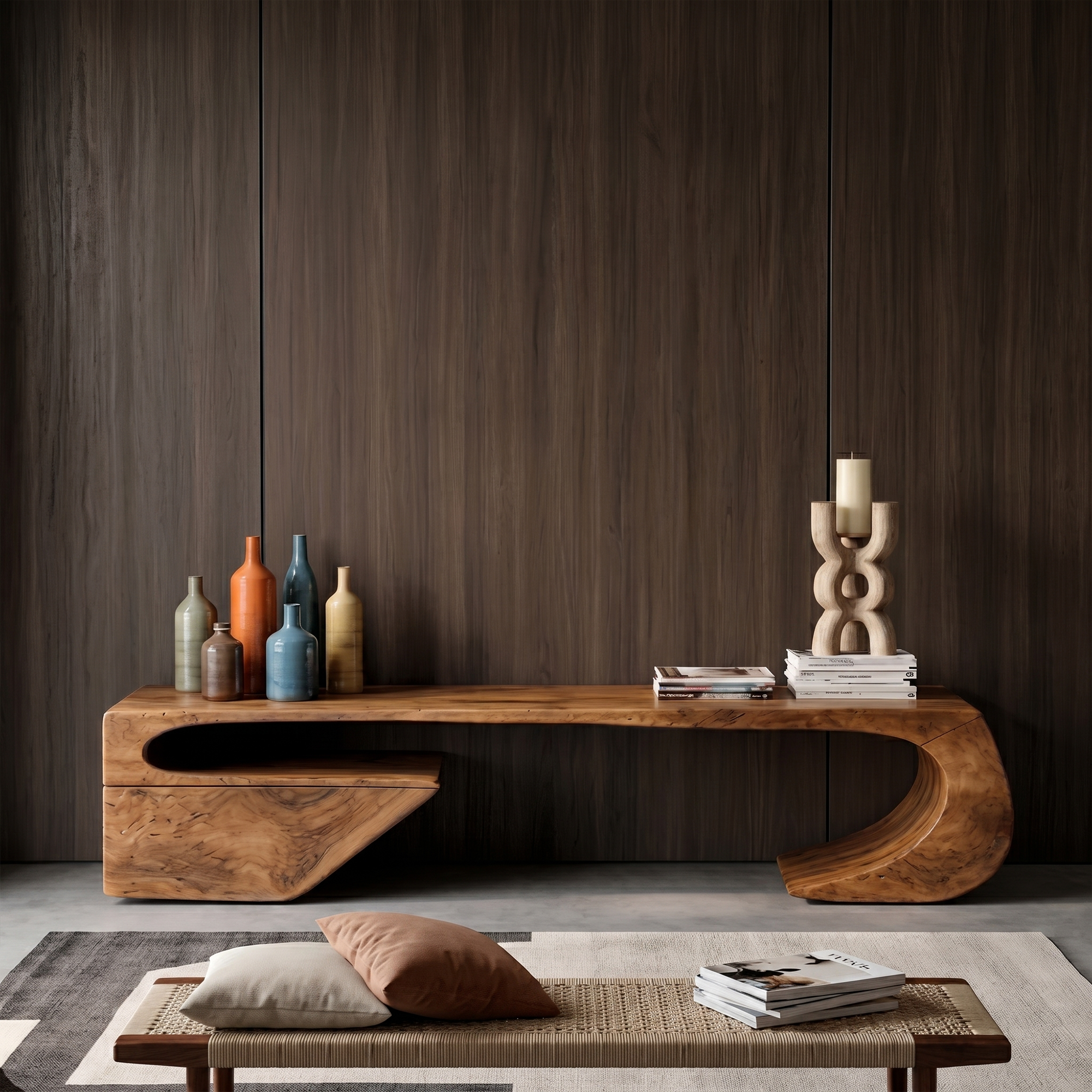 Japandi TV Cabinet With Sculptural Curved Wood Base And Solid Wood Media Console For Living Room