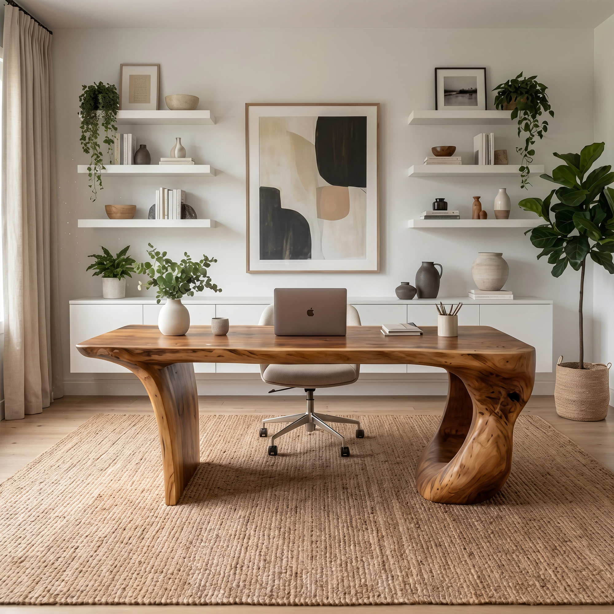 Contemporary Desk With Sculptural Loop Wood Base And Solid Wood Top For Home Office And Workspace