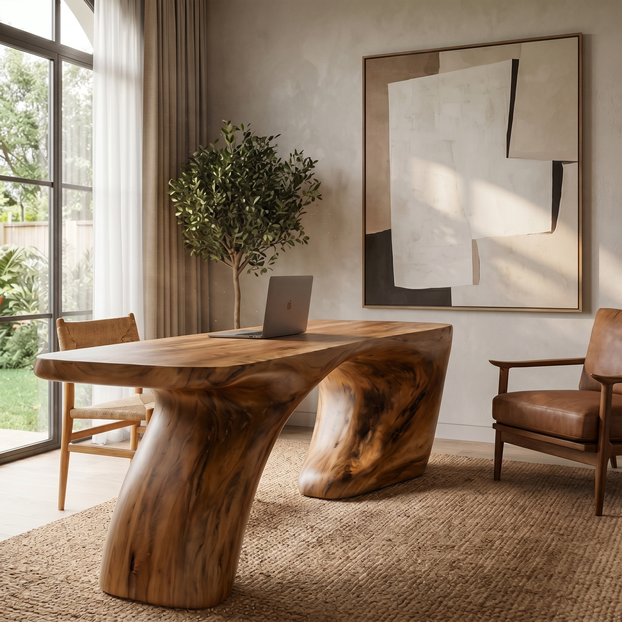 Modern Organic Desk With Sculptural Curved Wood Base And Solid Wood Top For Home Office And Workspace