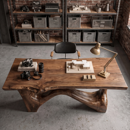 Organic Sculptural Desk With Asymmetrical Wood Base And Solid Wood Top For Home Office And Workspace