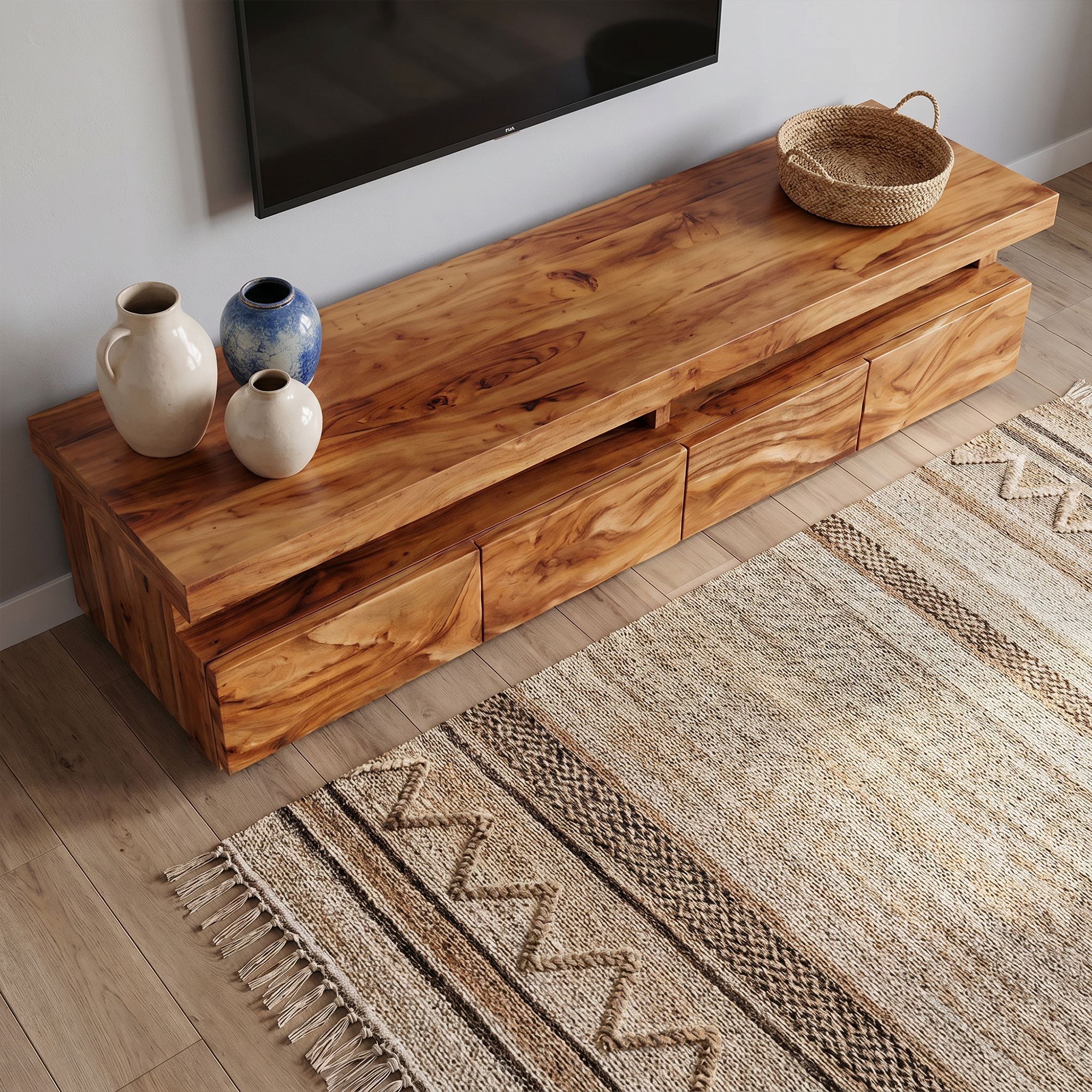 Modern TV Stand With Hand Carved Solid Wood Front And Media Storage For Living Room