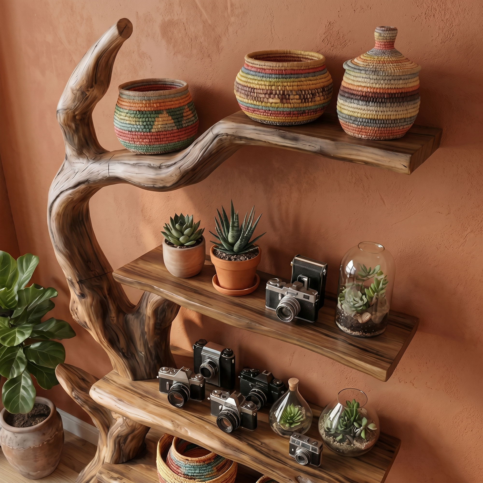 Rustic Tree Bookshelf With Handcrafted Branch Design And Open Display Shelves For Living Room