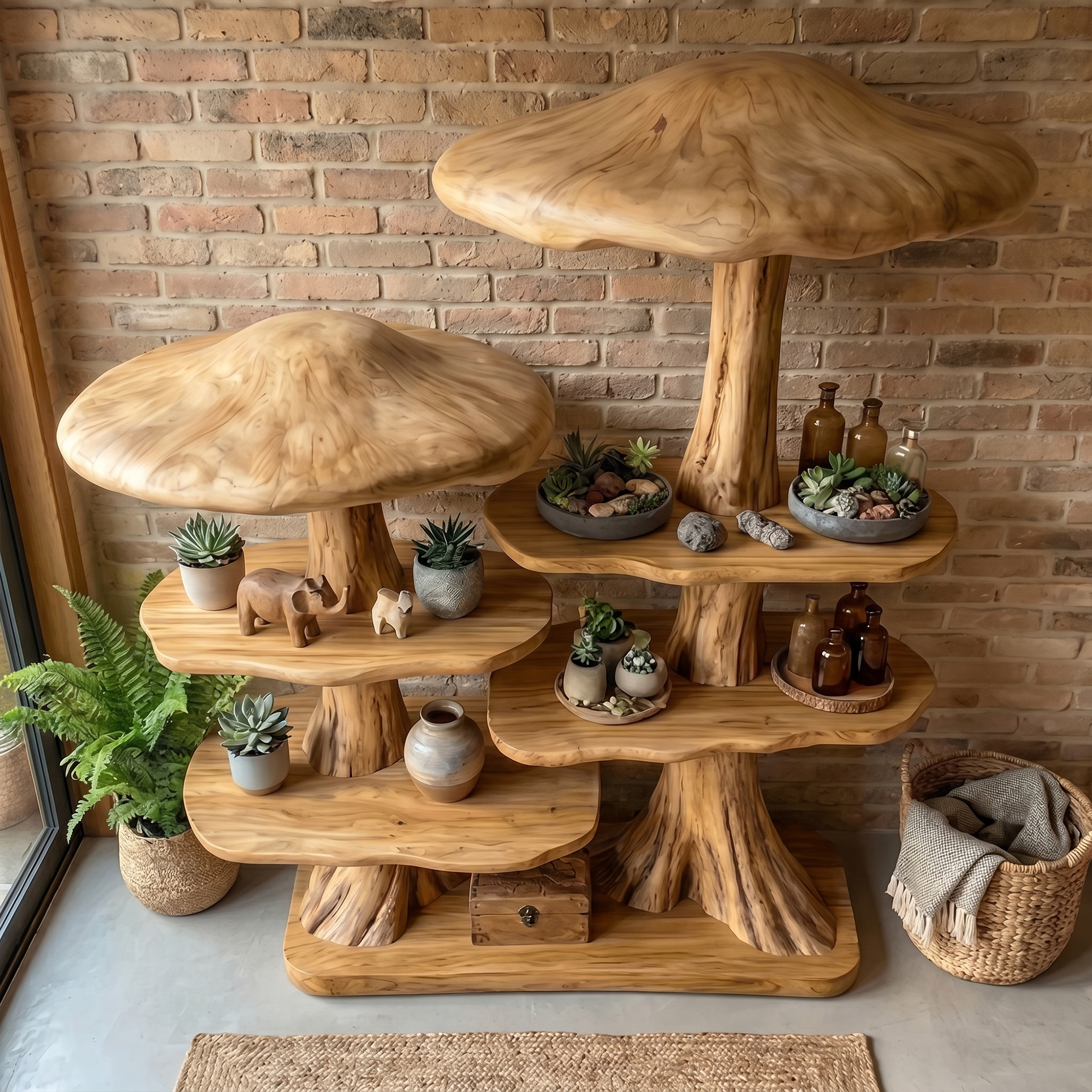 Mushroom Tree Bookshelf With Handcrafted Solid Wood Structure For Reading Corner