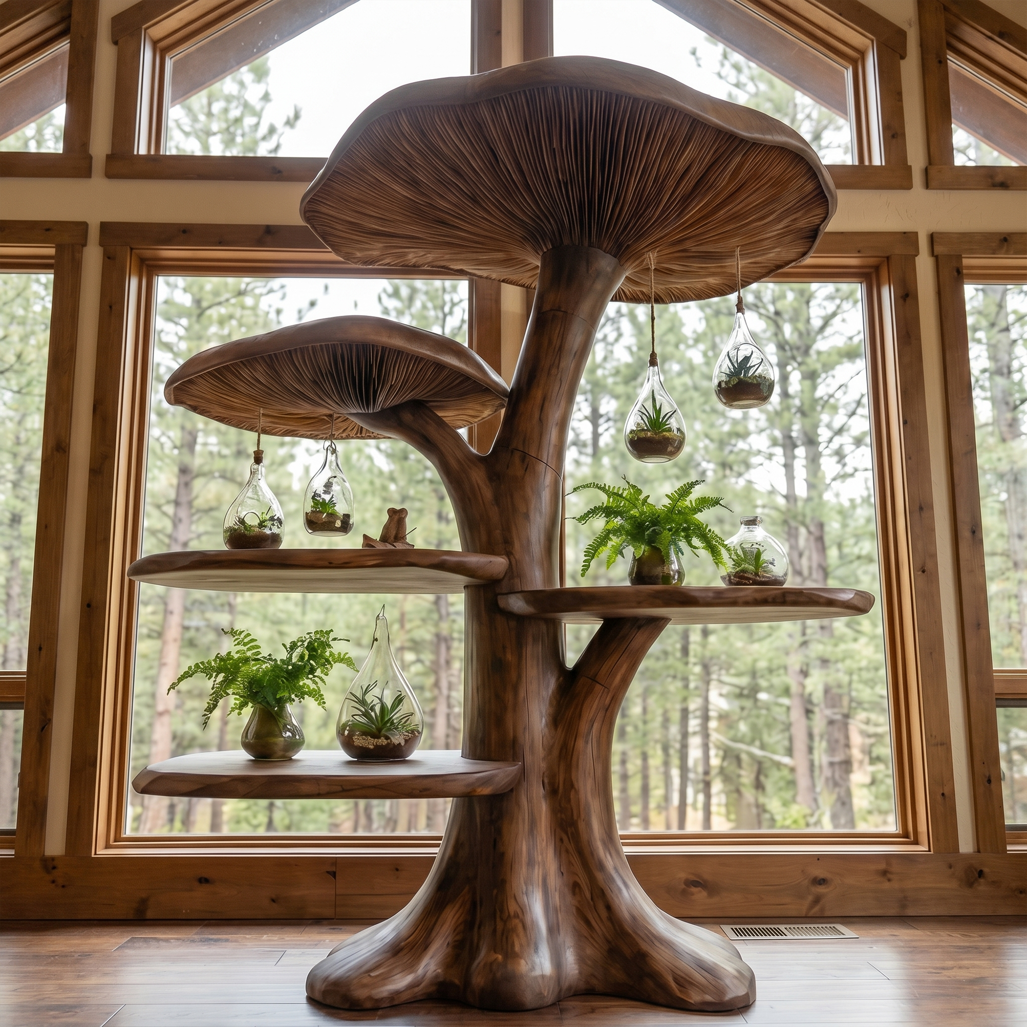 Organic Mushroom Shelf With Sculptural Solid Wood Form For Living Room