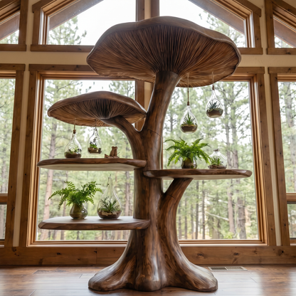 Organic Mushroom Shelf With Sculptural Solid Wood Form For Living Room