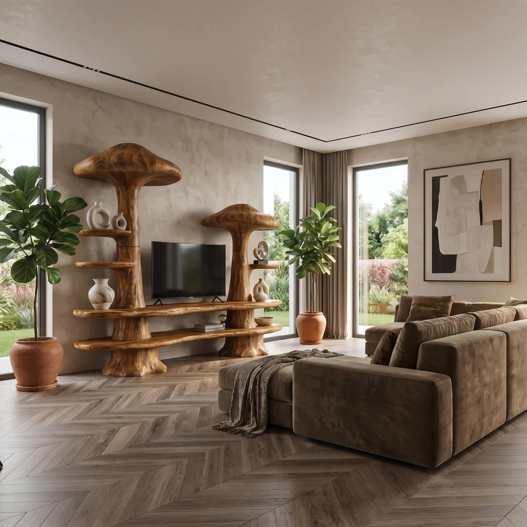 Rustic Mushroom TV Cabinet With Open Display Storage And Media Console For Living Room