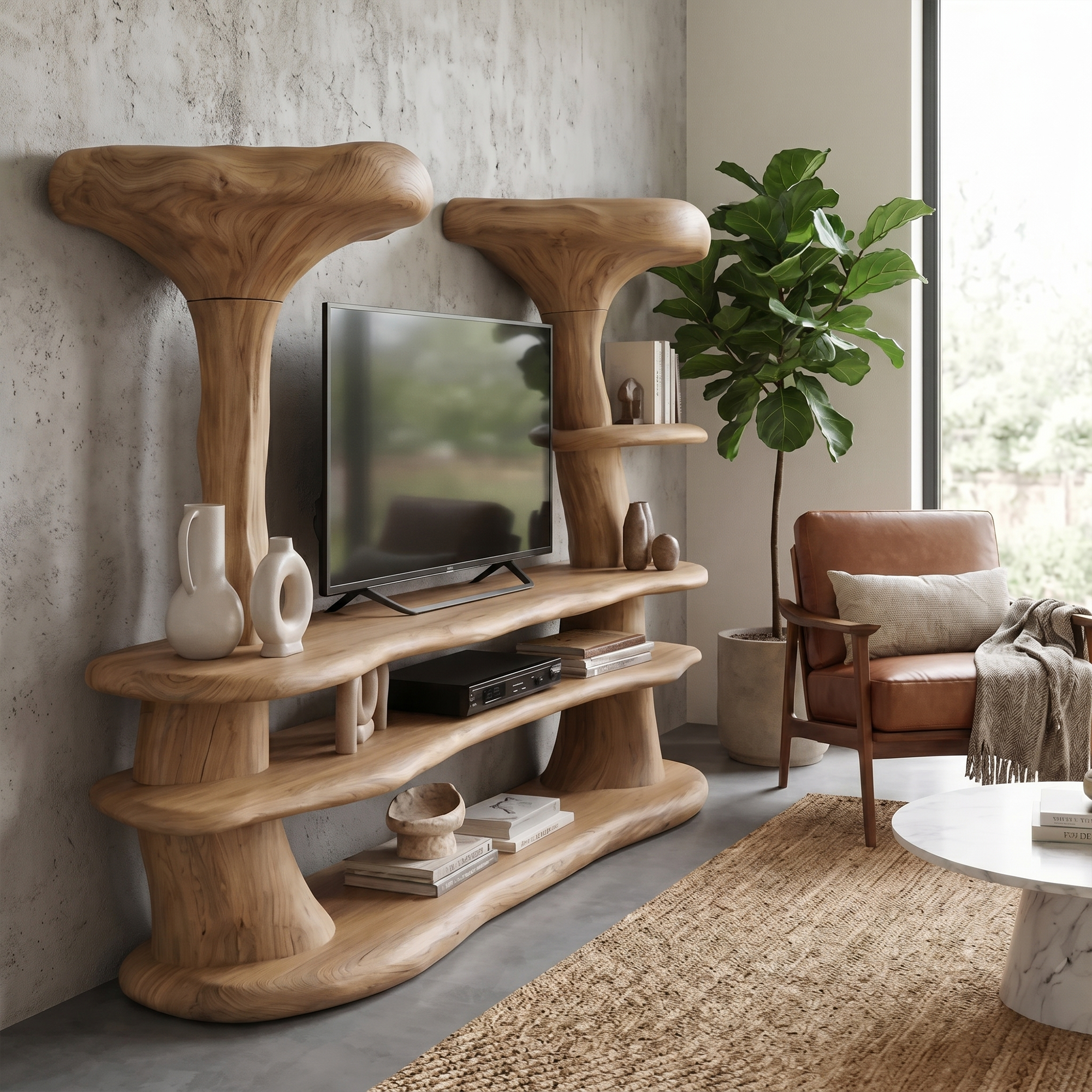 Organic Mushroom TV Stand With Sculptural Solid Wood Design For Living Room
