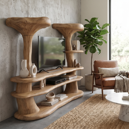 Organic Mushroom TV Stand With Sculptural Solid Wood Design For Living Room